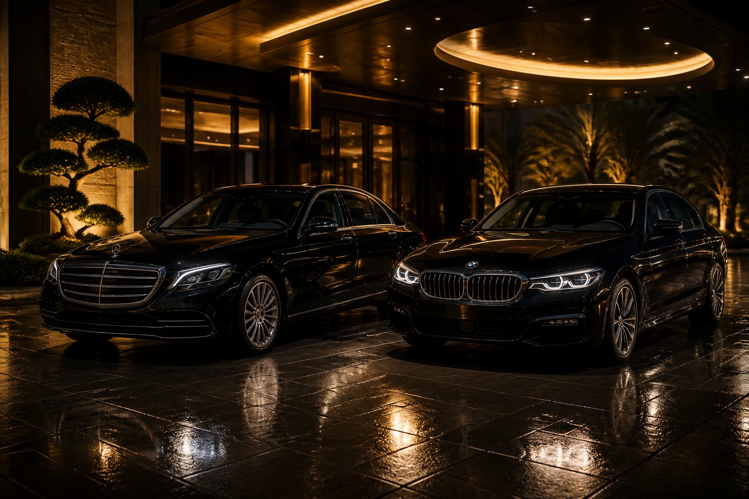 Siyah Mercedes S-Class ve BMW 5.20